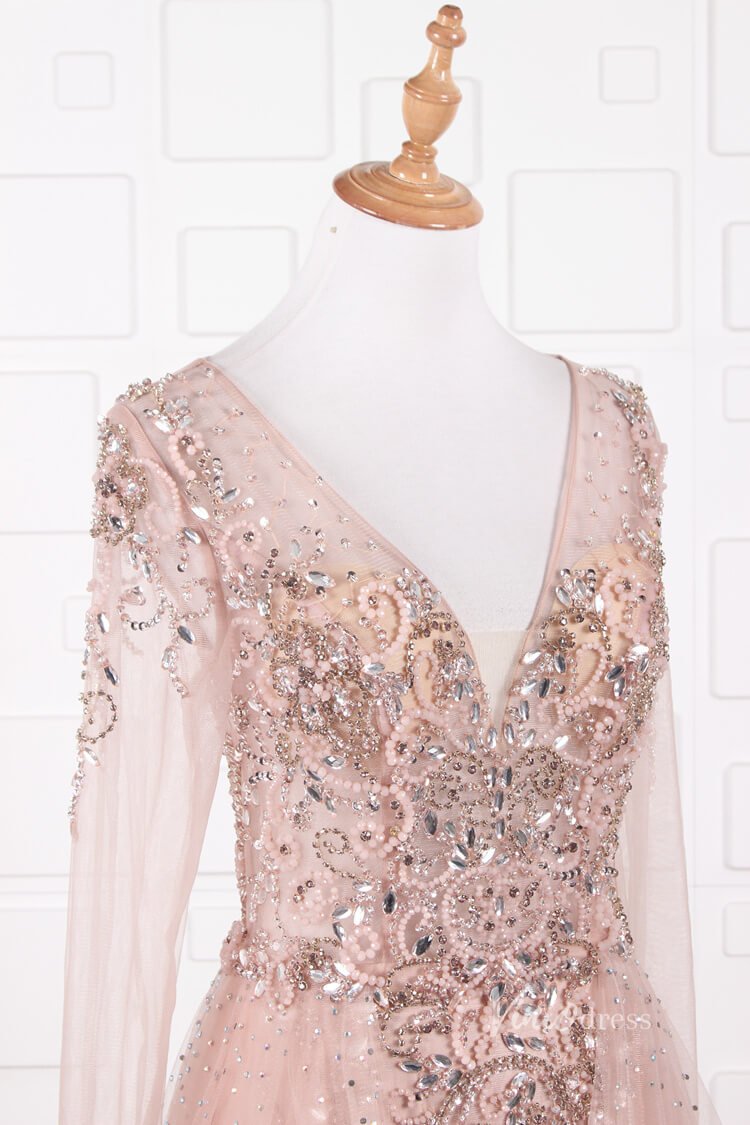 Vintage Beaded Evening Dresses Long Sleeve Overskirt Formal Dress FD2671-Evening Dresses 2025 -Viniodress-Pink-US 2-