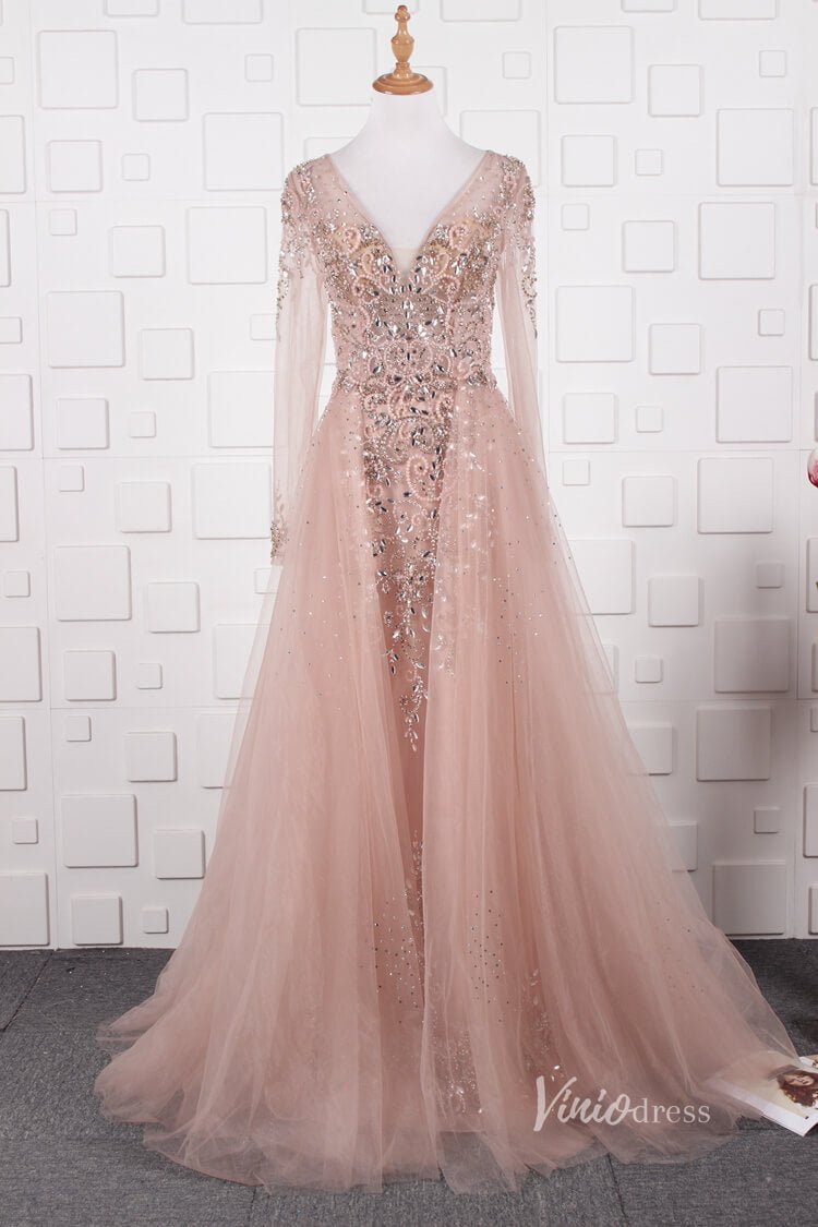 Vintage Beaded Evening Dresses Long Sleeve Overskirt Formal Dress FD2671-Evening Dresses 2025 -Viniodress-Pink-US 2-
