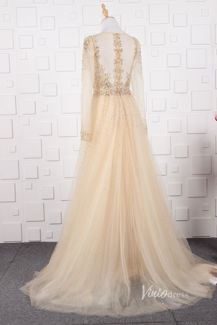 Vintage Beaded Evening Dresses Long Sleeve Overskirt Formal Dress FD2671-Evening Dresses 2025 -Viniodress-Pink-US 2-