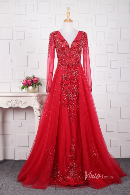 Vintage Beaded Evening Dresses Long Sleeve Overskirt Formal Dress FD2671-Evening Dresses 2025 -Viniodress-Pink-US 2-
