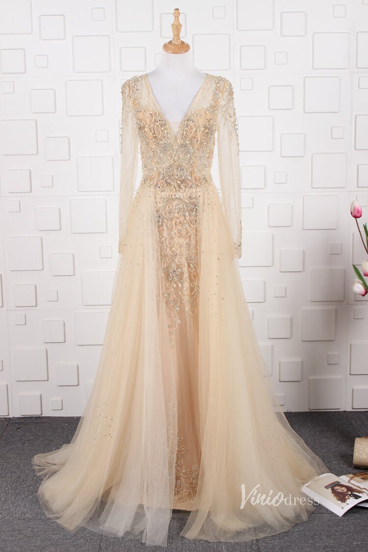 Vintage Beaded Evening Dresses Long Sleeve Overskirt Formal Dress FD2671-Evening Dresses 2025 -Viniodress-Pink-US 2-