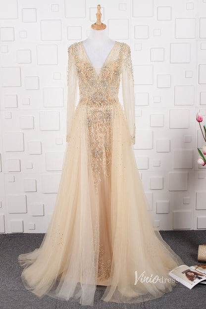 Vintage Beaded Evening Dresses Long Sleeve Overskirt Formal Dress FD2671-Evening Dresses 2025 -Viniodress-Pink-US 2-