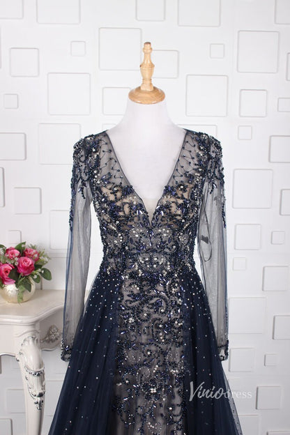 Vintage Beaded Evening Dresses Long Sleeve Overskirt Formal Dress FD2671-Evening Dresses 2025 -Viniodress-Pink-US 2-