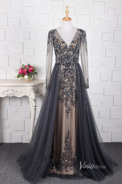 Vintage Beaded Evening Dresses Long Sleeve Overskirt Formal Dress FD2671-Evening Dresses 2025 -Viniodress-Pink-US 2-