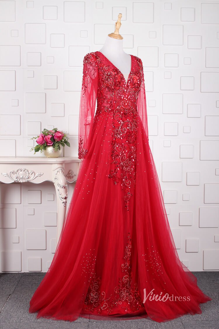 Vintage Beaded Evening Dresses Long Sleeve Overskirt Formal Dress FD2671-Evening Dresses 2025 -Viniodress-Red-US 2-