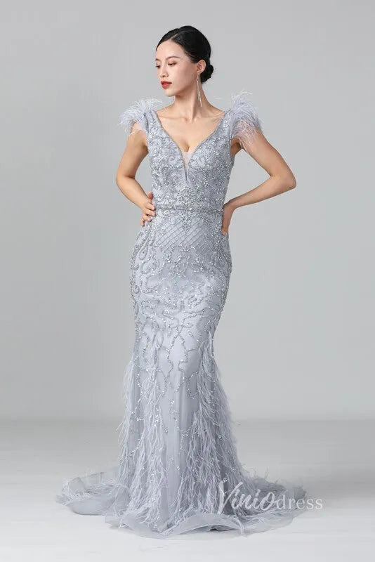 Vintage Beaded Feather Prom Dress Sheath V-neck Taupe Evening Dress FD2786-Evening Dresses 2025 -Viniodress-Grey-US 2-