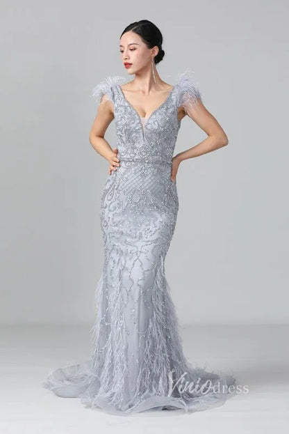 Vintage Beaded Feather Prom Dress Sheath V-neck Taupe Evening Dress FD2786-Evening Dresses 2025 -Viniodress-Grey-US 2-