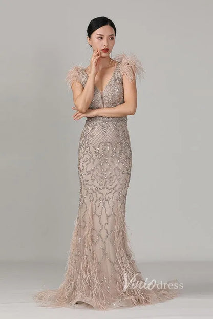Vintage Beaded Feather Prom Dress Sheath V-neck Taupe Evening Dress FD2786-Evening Dresses 2025 -Viniodress-Taupe-US 2-
