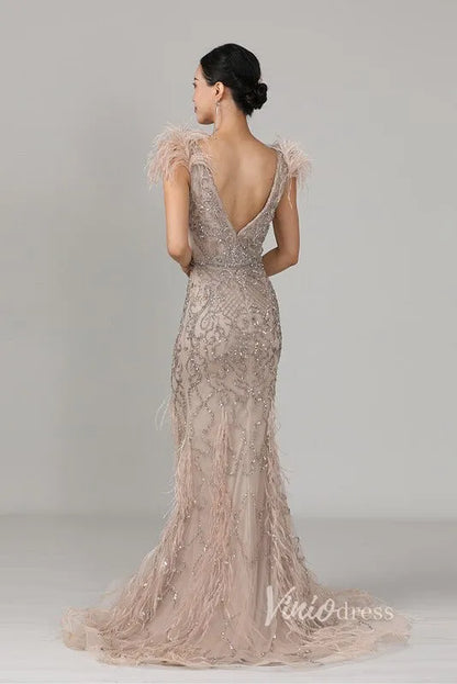 Vintage Beaded Feather Prom Dress Sheath V-neck Taupe Evening Dress FD2786-Evening Dresses 2025 -Viniodress-Taupe-US 2-