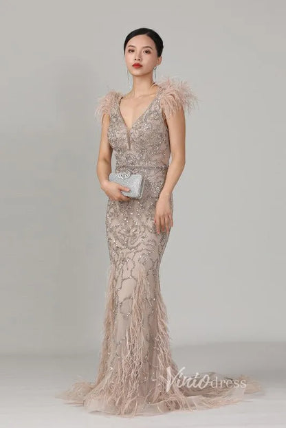 Vintage Beaded Feather Prom Dress Sheath V-neck Taupe Evening Dress FD2786-Evening Dresses 2025 -Viniodress-Taupe-US 2-