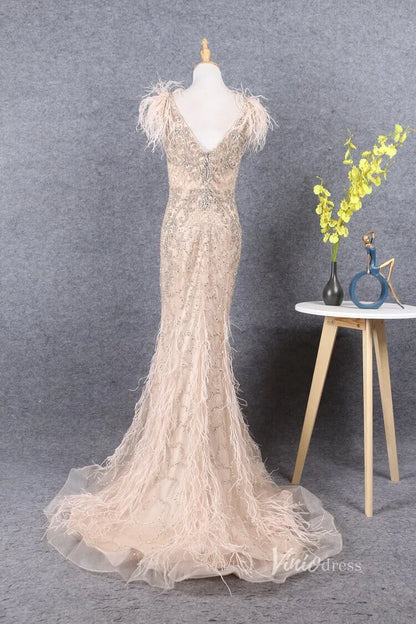 Vintage Beaded Feather Prom Dress Sheath V-neck Taupe Evening Dress FD2786-Evening Dresses 2025 -Viniodress-Taupe-US 2-