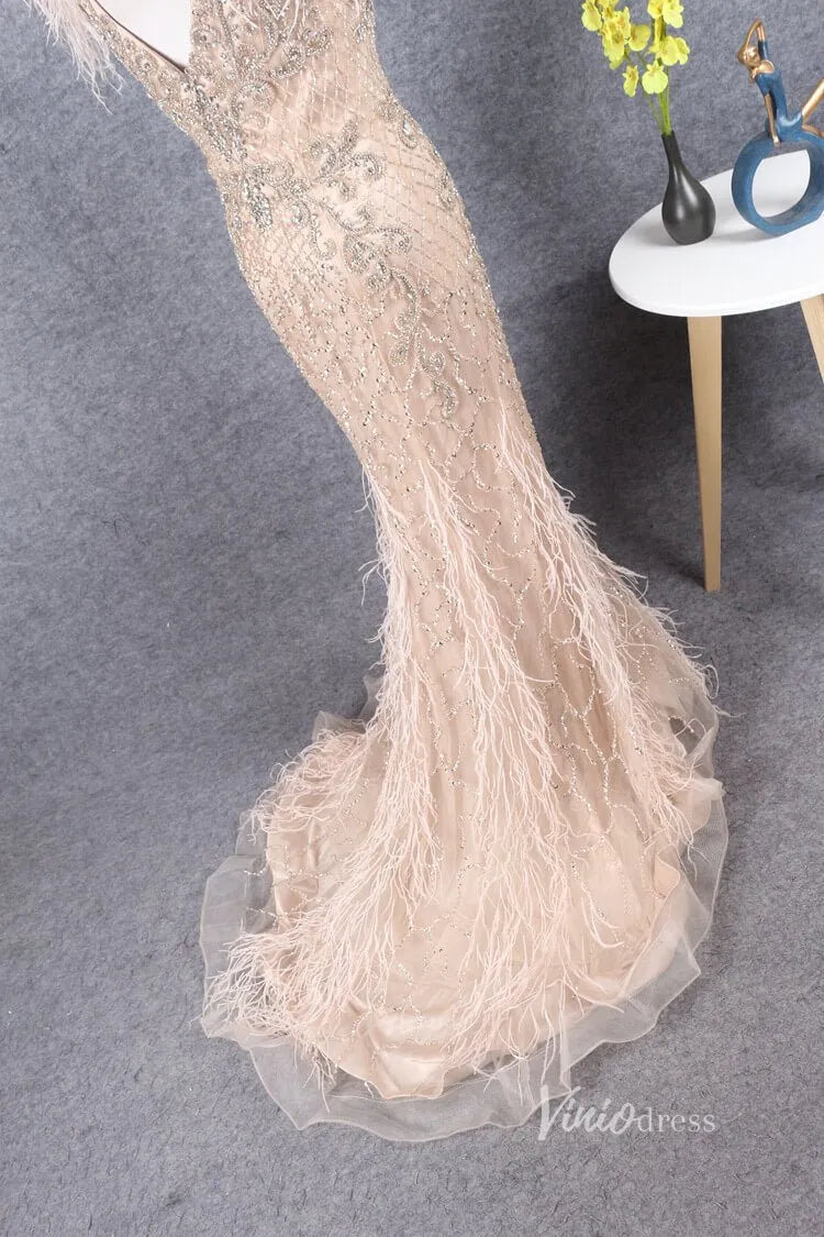 Vintage Beaded Feather Prom Dress Sheath V-neck Taupe Evening Dress FD2786-Evening Dresses 2025 -Viniodress-Taupe-US 2-
