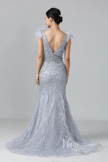 Vintage Beaded Feather Prom Dress Sheath V-neck Taupe Evening Dress FD2786-Evening Dresses 2025 -Viniodress-Taupe-US 2-