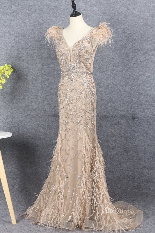 Prom Dress 2025 Vintage Beaded Feather Prom Dress Sheath V-neck Taupe Evening Dress FD2786-unique prom dresses-Taupe-US 2-Viniodress