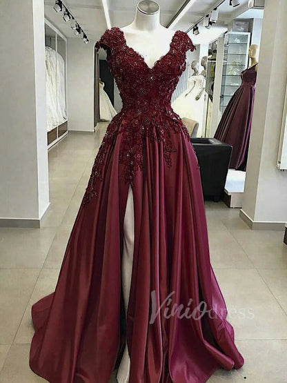 Vintage Beaded Floral Prom Dresses with Slit FD1565-prom dresses 2025 -Viniodress-Burgundy-Custom Size-