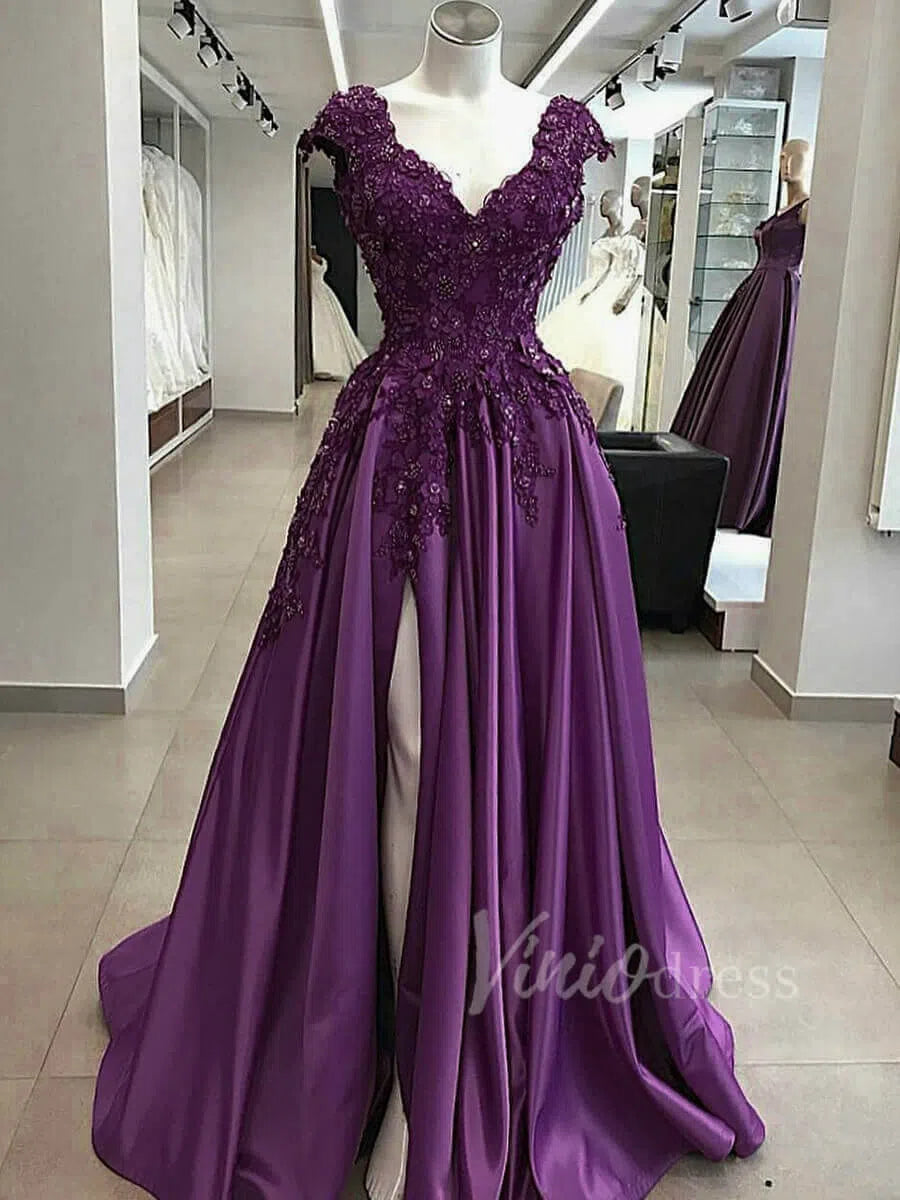 Vintage Beaded Floral Prom Dresses with Slit FD1565-prom dresses 2025 -Viniodress-Purple-Custom Size-
