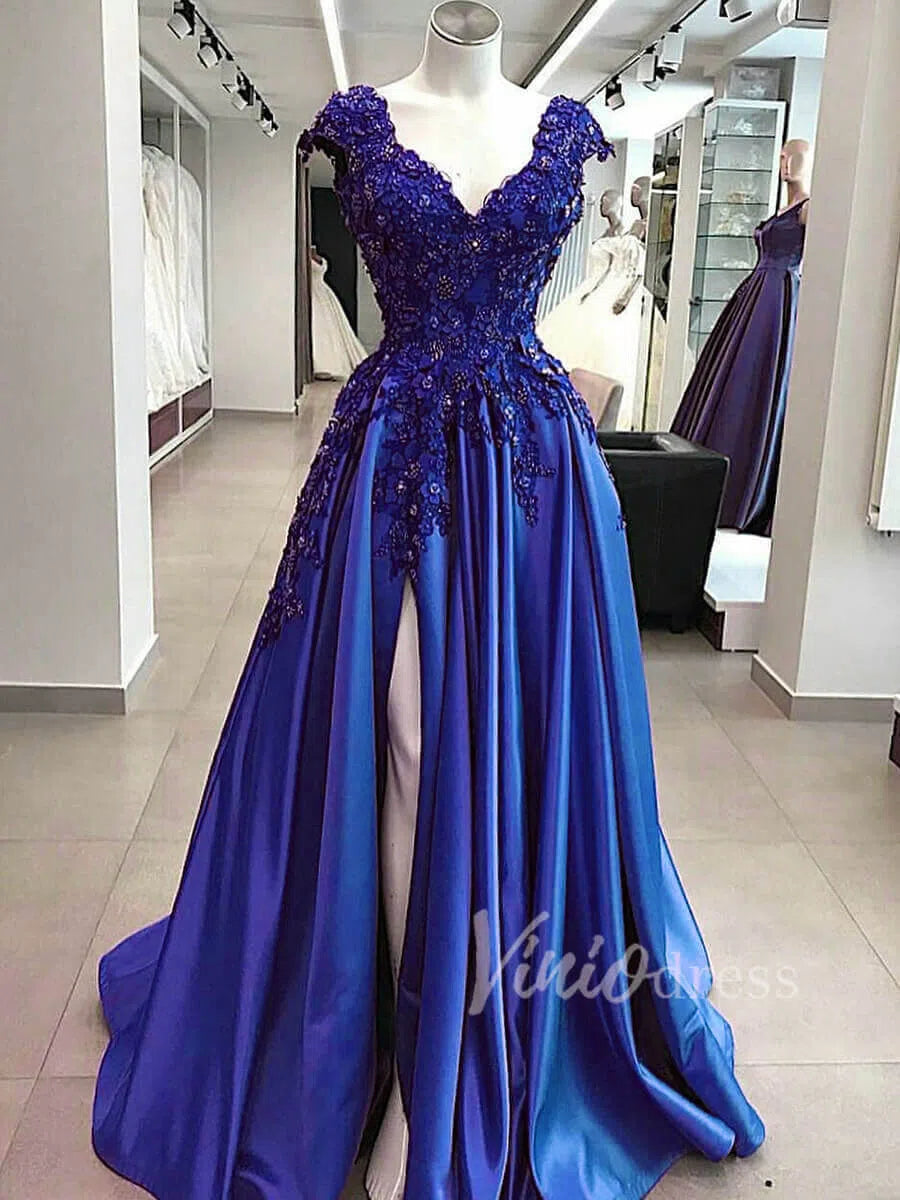 Vintage Beaded Floral Prom Dresses with Slit FD1565-prom dresses 2025 -Viniodress-Royal Blue-Custom Size-