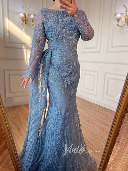 Vintage Beaded Lace Evening Dresses Long Sleeve Mother of Bride Dress 20030-Evening Dresses 2025 -Viniodress-As Picture-US 2-