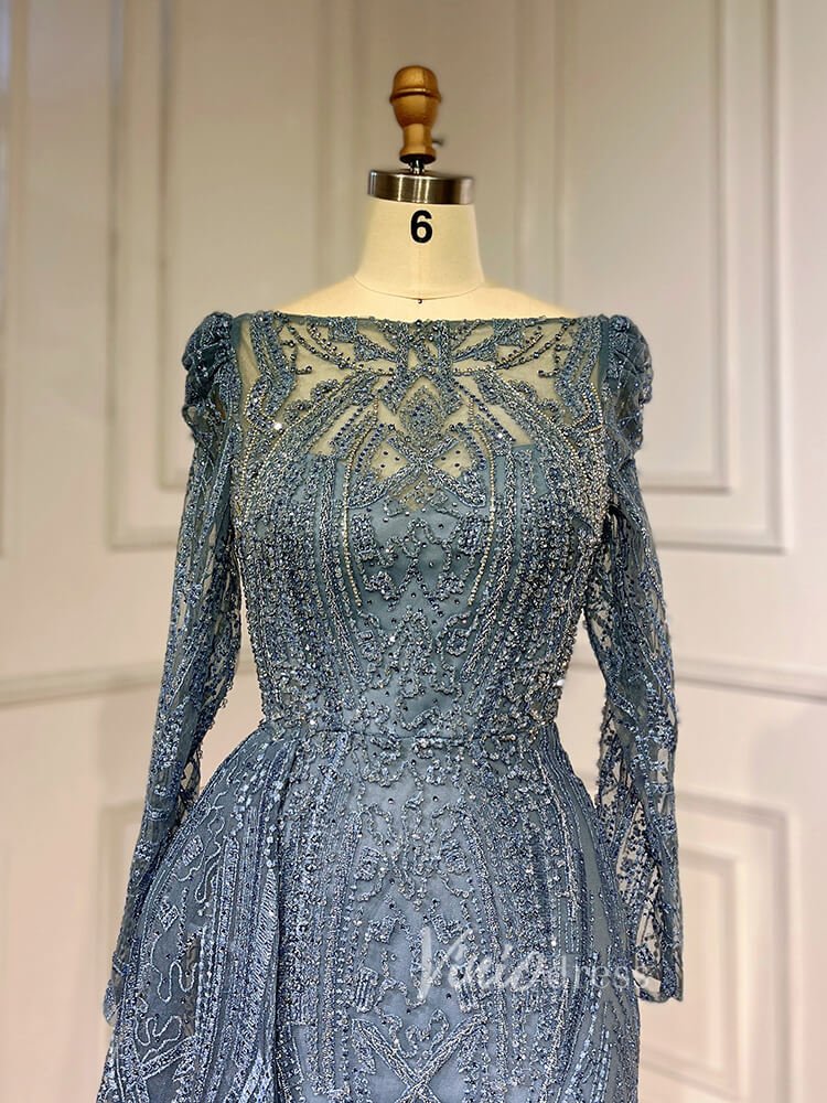 Vintage Beaded Lace Evening Dresses Long Sleeve Mother of Bride Dress 20030-Evening Dresses 2025 -Viniodress-As Picture-US 2-