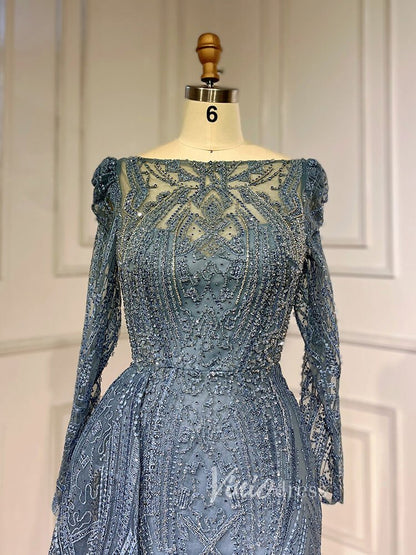 Vintage Beaded Lace Evening Dresses Long Sleeve Mother of Bride Dress 20030-Evening Dresses 2025 -Viniodress-As Picture-US 2-