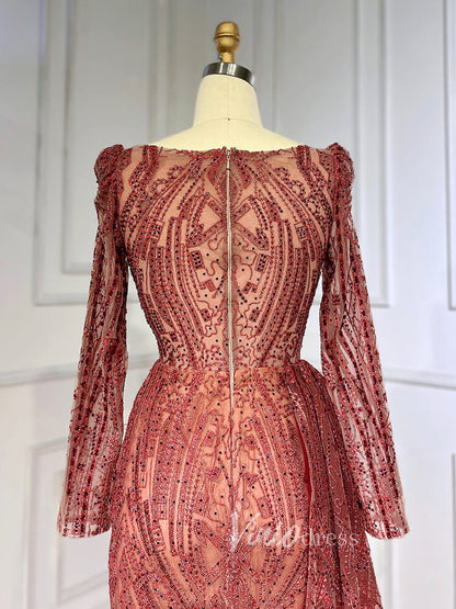 Vintage Beaded Lace Evening Dresses Long Sleeve Mother of Bride Dress 20030-Evening Dresses 2025 -Viniodress-As Picture-US 2-