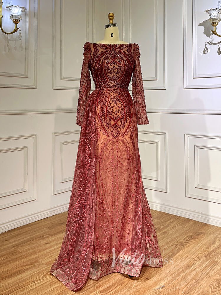 Vintage Beaded Lace Evening Dresses Long Sleeve Mother of Bride Dress 20030-Evening Dresses 2025 -Viniodress-Red-US 2-