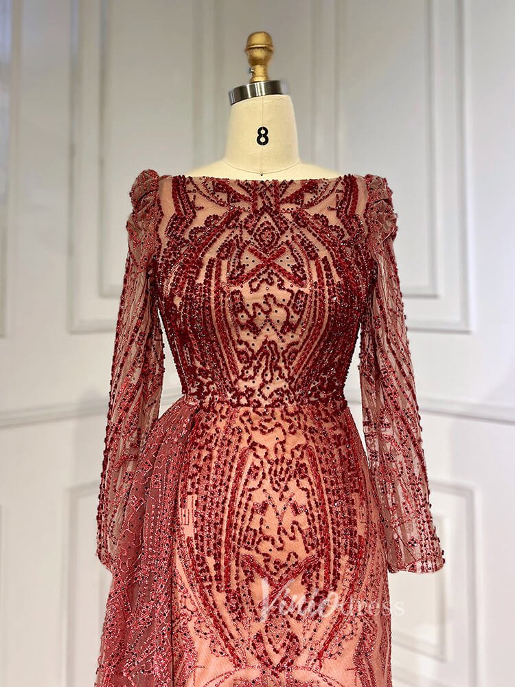 Vintage Beaded Lace Evening Dresses Long Sleeve Mother of Bride Dress 20030-Evening Dresses 2025 -Viniodress-As Picture-US 2-
