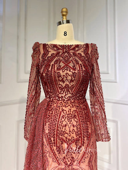 Vintage Beaded Lace Evening Dresses Long Sleeve Mother of Bride Dress 20030-Evening Dresses 2025 -Viniodress-As Picture-US 2-
