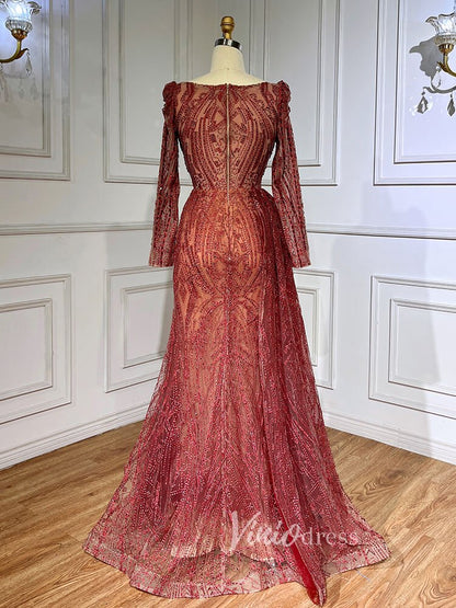 Vintage Beaded Lace Evening Dresses Long Sleeve Mother of Bride Dress 20030-Evening Dresses 2025 -Viniodress-As Picture-US 2-