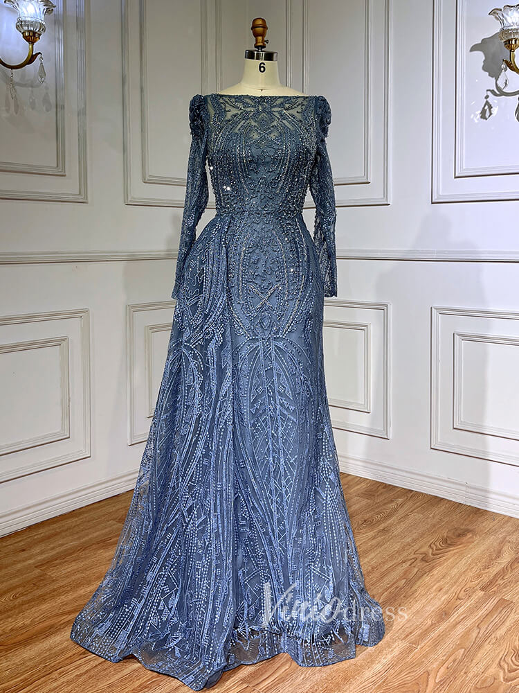 Prom Dress 2025 Vintage Beaded Lace Evening Dresses Long Sleeve Mother of Bride Dress 20030-unique prom dresses-Dusty Blue-US 2-Viniodress