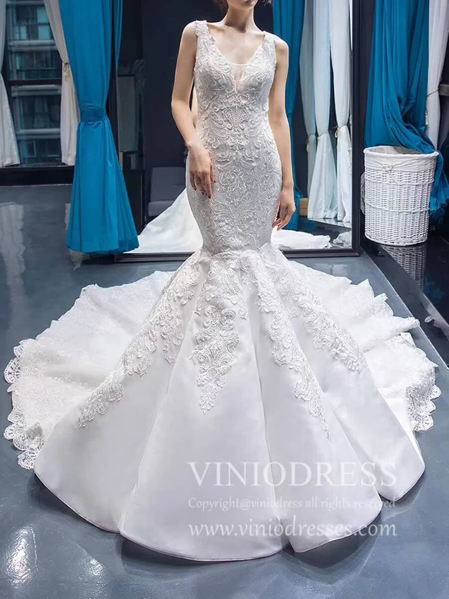 Vintage Beaded Lace Mermaid Wedding Dresses Cathedral Train 66685-wedding dresses-Viniodress-Ivory-US 2-Viniodress