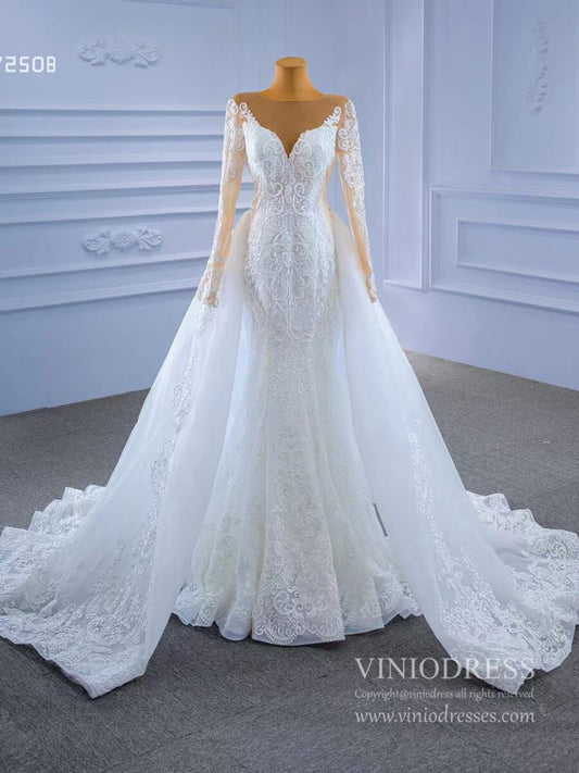 Vintage Beaded Lace Overskirt Wedding Dresses with Sleeves 67250 Viniodress-wedding dresses 2025 -Viniodress-Ivory-Custom Size-