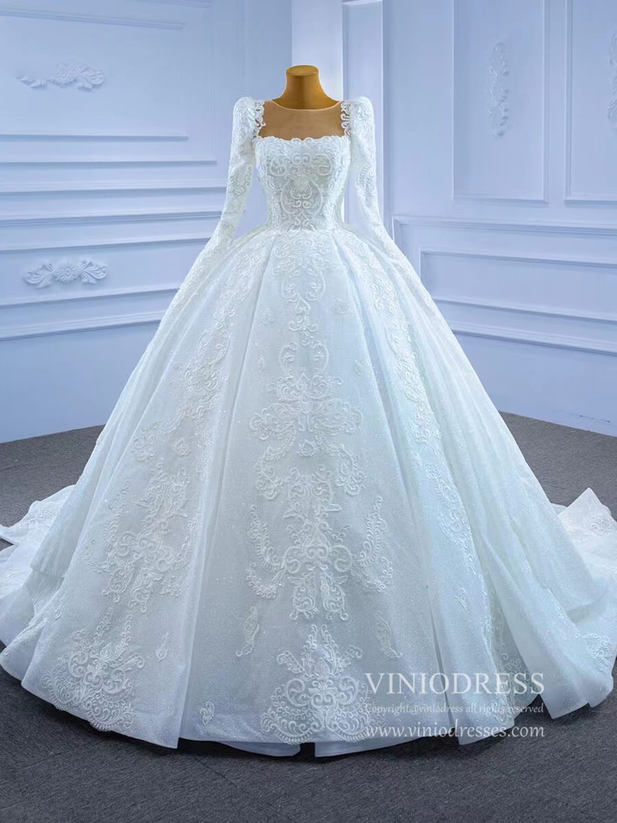 Vintage Beaded Lace Wedding Gown with Long Sleeves 67258-wedding dresses-Viniodress-Viniodress