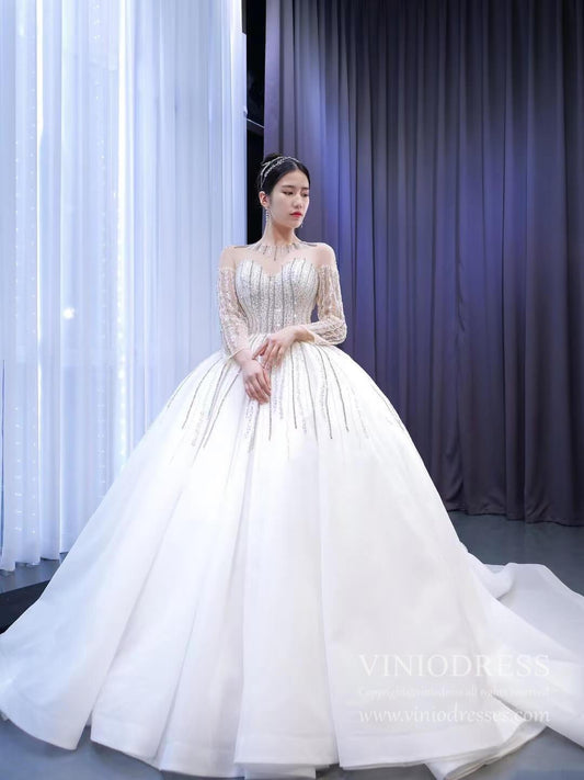Vintage Beaded Long Sleeve Wedding Gown VW2038-wedding dresses 2025 -Viniodress-As Picture-Custom Size-