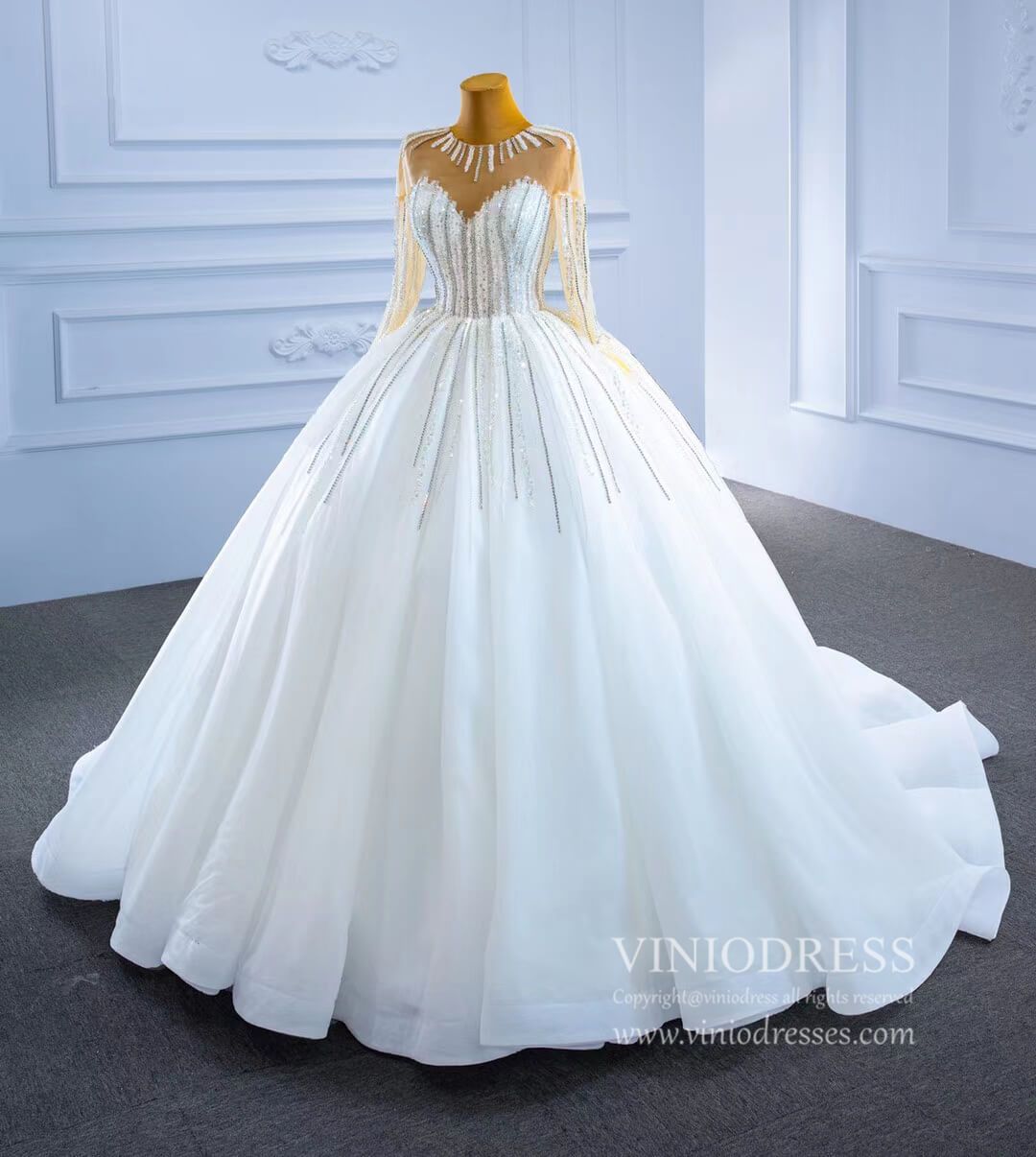 Vintage Beaded Long Sleeve Wedding Gown VW2038-wedding dresses 2025 -Viniodress-As Picture-Custom Size-