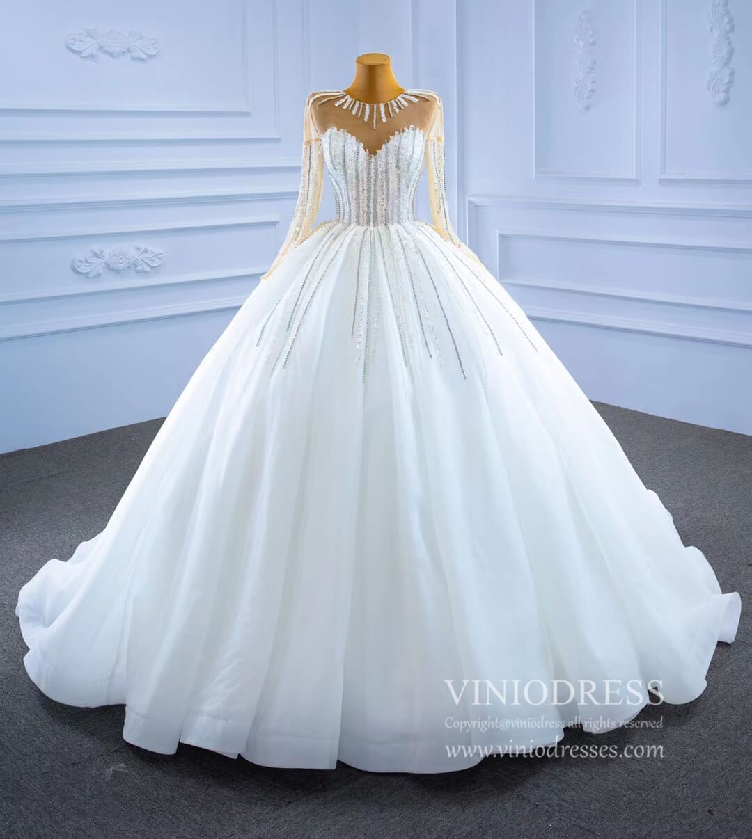 Vintage Beaded Long Sleeve Wedding Gown VW2038-wedding dresses 2025 -Viniodress-As Picture-Custom Size-