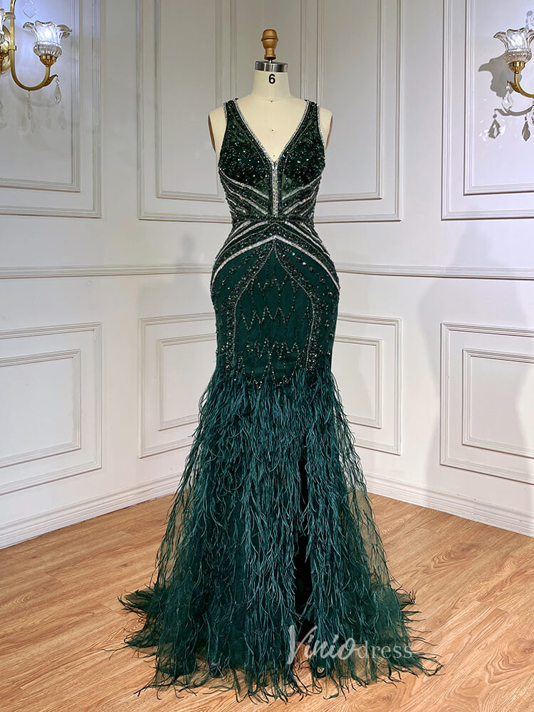 Prom Dress 2025 Vintage Beaded Mermaid Feather Prom Dresses 1920s Evening Dress 20065-unique prom dresses-Green-US 2-Viniodress