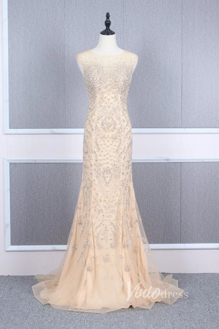 Vintage Beaded Prom Dress Sheath Pageant Fromal Dress FD2818-Evening Dresses 2025 -Viniodress-Gold-US 2-