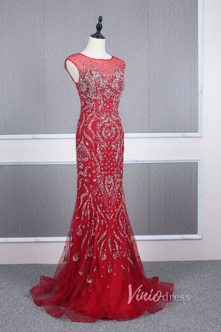 Vintage Beaded Prom Dress Sheath Pageant Fromal Dress FD2818-Evening Dresses 2025 -Viniodress-Red-US 2-