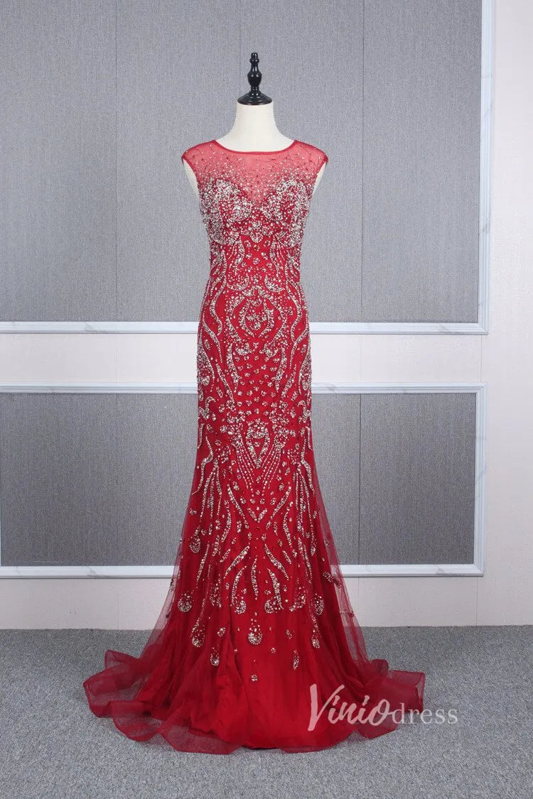 Vintage Beaded Prom Dress Sheath Pageant Fromal Dress FD2818-Evening Dresses 2025 -Viniodress-Red-US 2-