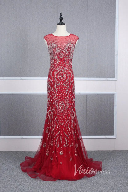 Vintage Beaded Prom Dress Sheath Pageant Fromal Dress FD2818-Evening Dresses 2025 -Viniodress-Red-US 2-