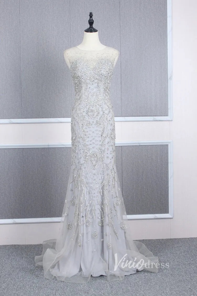 Vintage Beaded Prom Dress Sheath Pageant Fromal Dress FD2818-Evening Dresses 2025 -Viniodress-Silver-US 2-