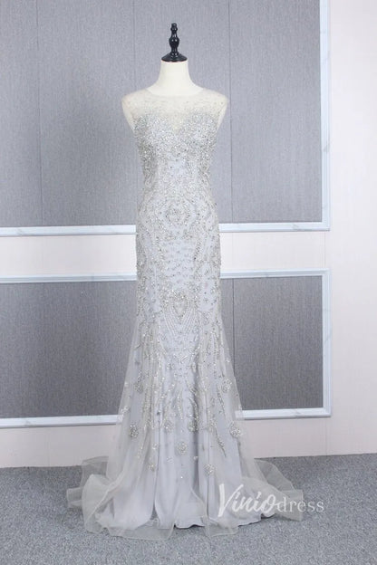 Vintage Beaded Prom Dress Sheath Pageant Fromal Dress FD2818-Evening Dresses 2025 -Viniodress-Silver-US 2-