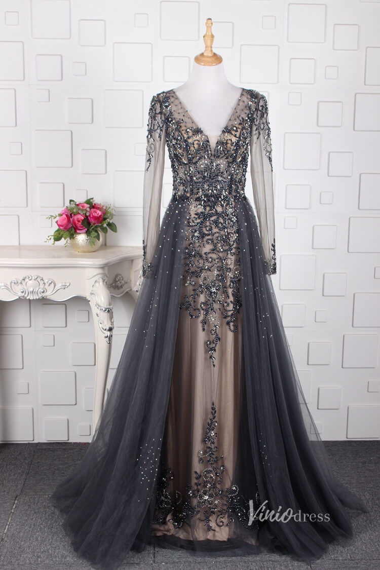 Vintage Beaded Prom Dresses Long Sleeve Overskirt Formal Dress FD2671-prom dresses-Viniodress-Grey-US 2-Viniodress