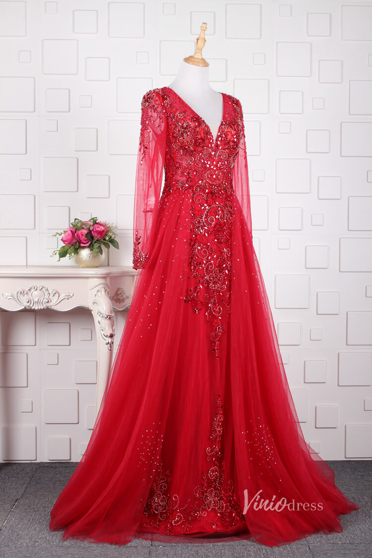 Vintage Beaded Prom Dresses Long Sleeve Overskirt Formal Dress FD2671-prom dresses-Viniodress-Red-US 2-Viniodress