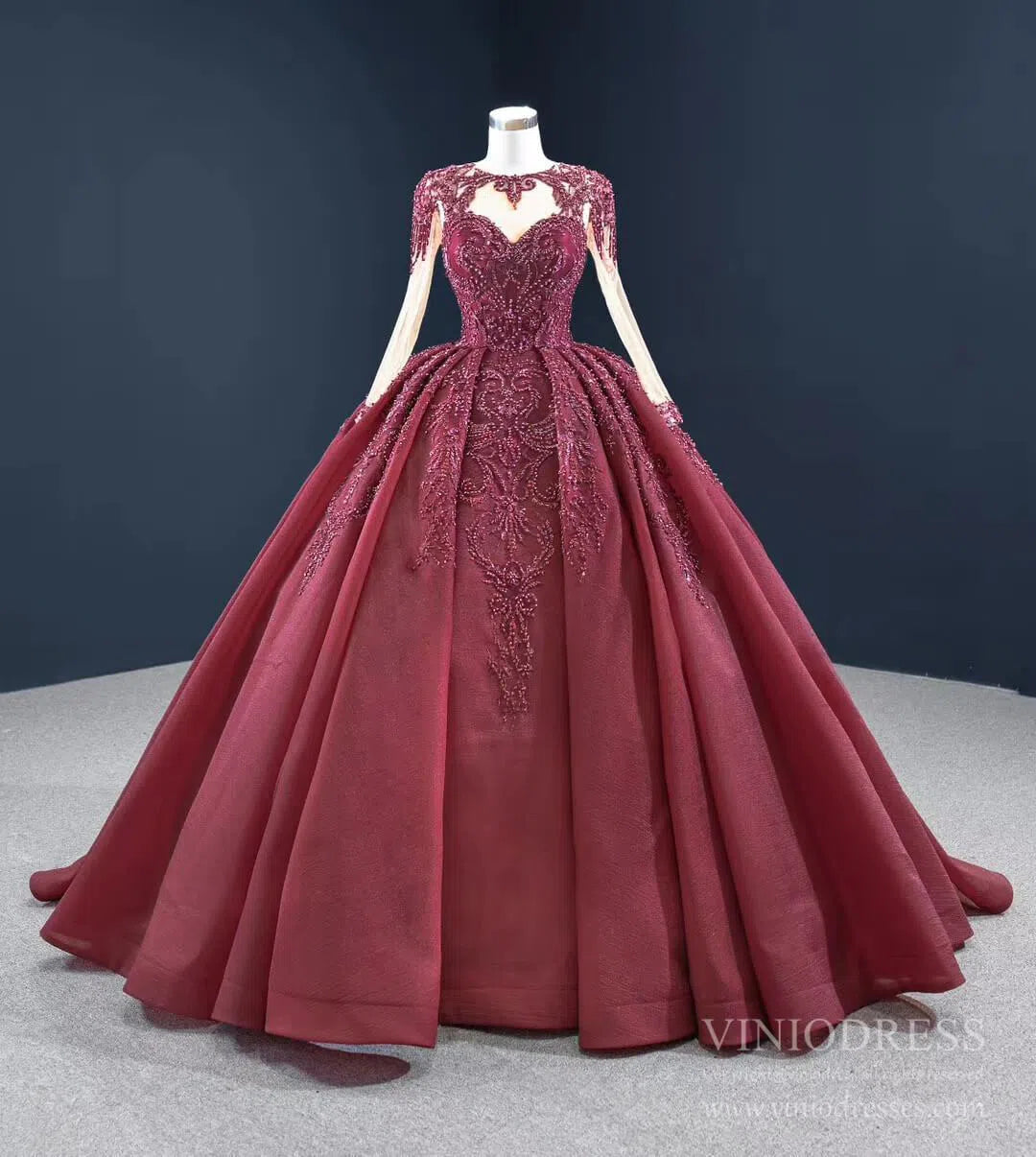 Vintage Beaded Quinceanera Dresses Long Sleeve Ball Gown Prom Dress viniodress-Quinceanera Dresses 2025 -Viniodress-Burgundy-Custom Size-