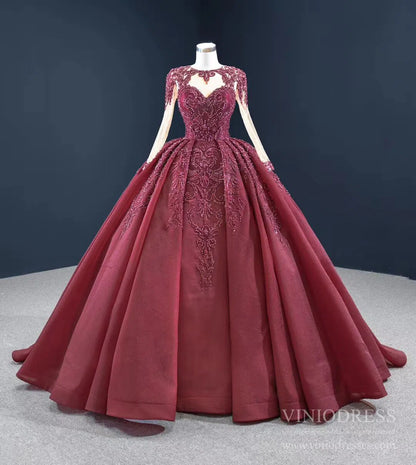 Vintage Beaded Quinceanera Dresses Long Sleeve Ball Gown Prom Dress viniodress-Quinceanera Dresses 2025 -Viniodress-Burgundy-Custom Size-