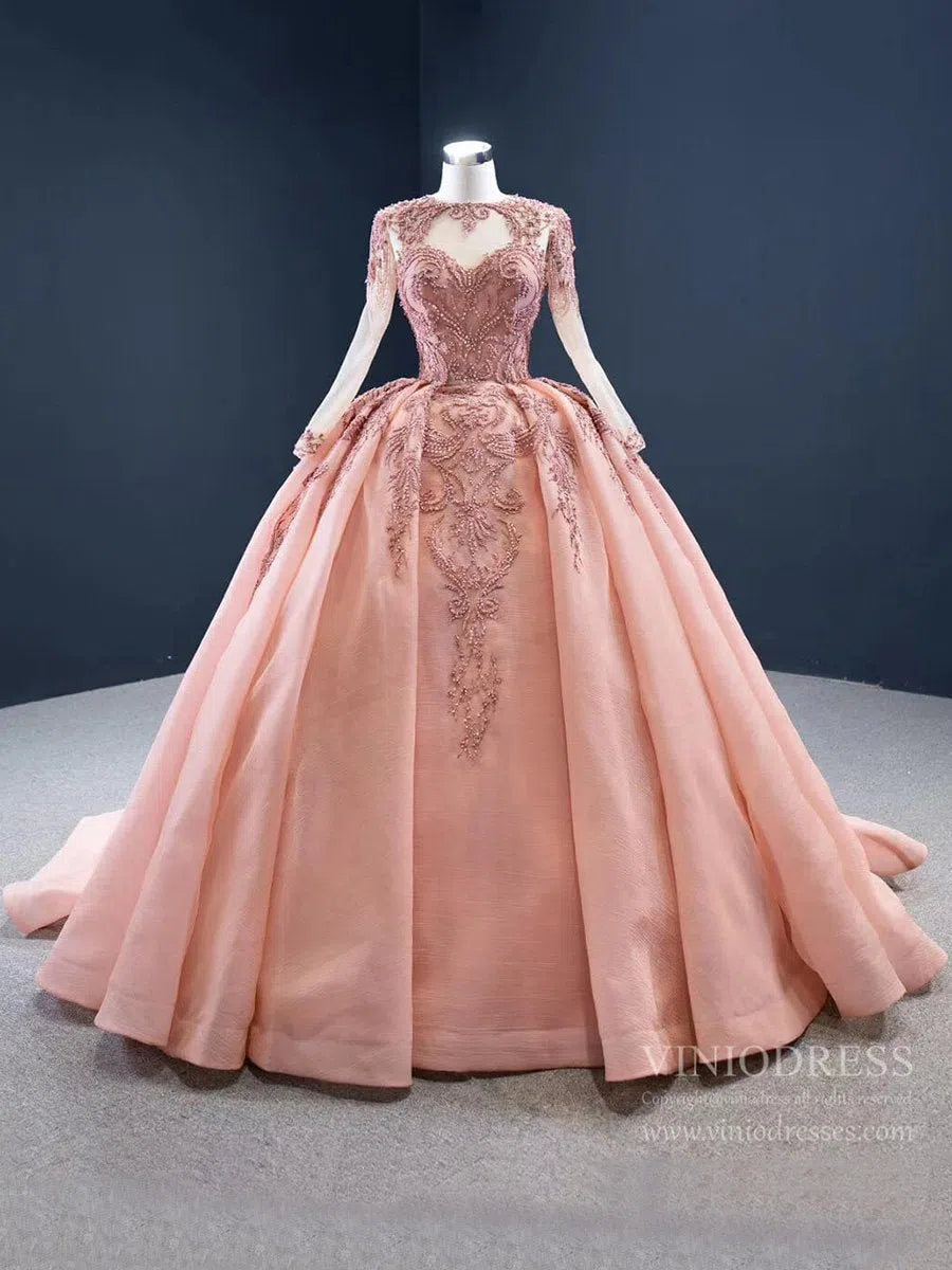 Vintage Beaded Quinceanera Dresses Long Sleeve Ball Gown Prom Dress viniodress-Quinceanera Dresses 2025 -Viniodress-Dusty Rose-Custom Size-