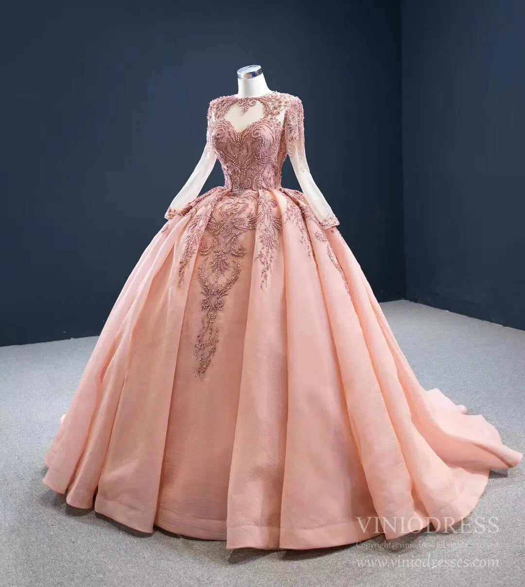 Vintage Beaded Quinceanera Dresses Long Sleeve Ball Gown Prom Dress viniodress-Quinceanera Dresses 2025 -Viniodress-Dusty Rose-Custom Size-