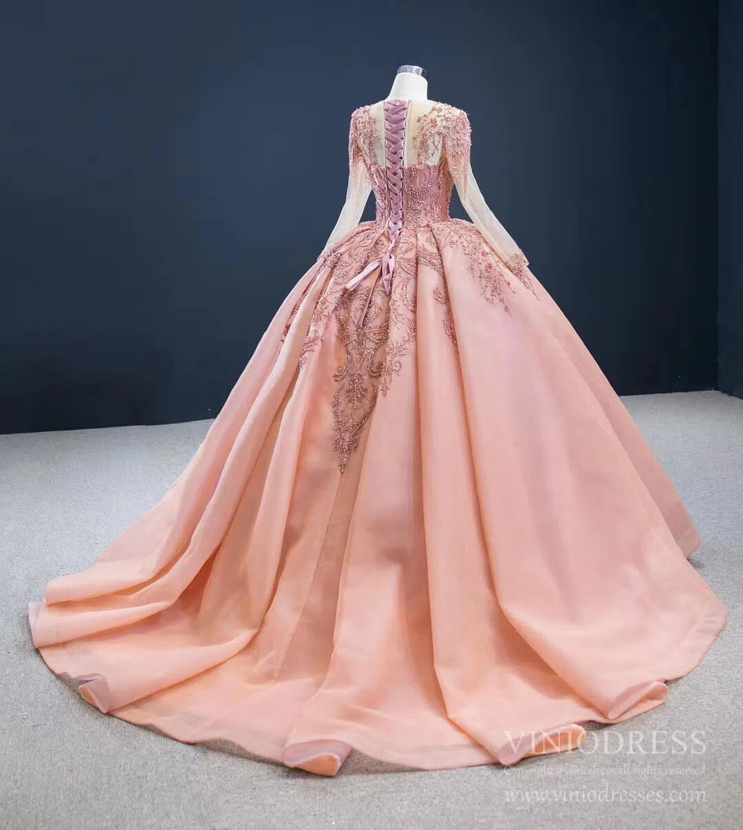 Vintage Beaded Quinceanera Dresses Long Sleeve Ball Gown Prom Dress viniodress-Quinceanera Dresses 2025 -Viniodress-Dusty Rose-Custom Size-